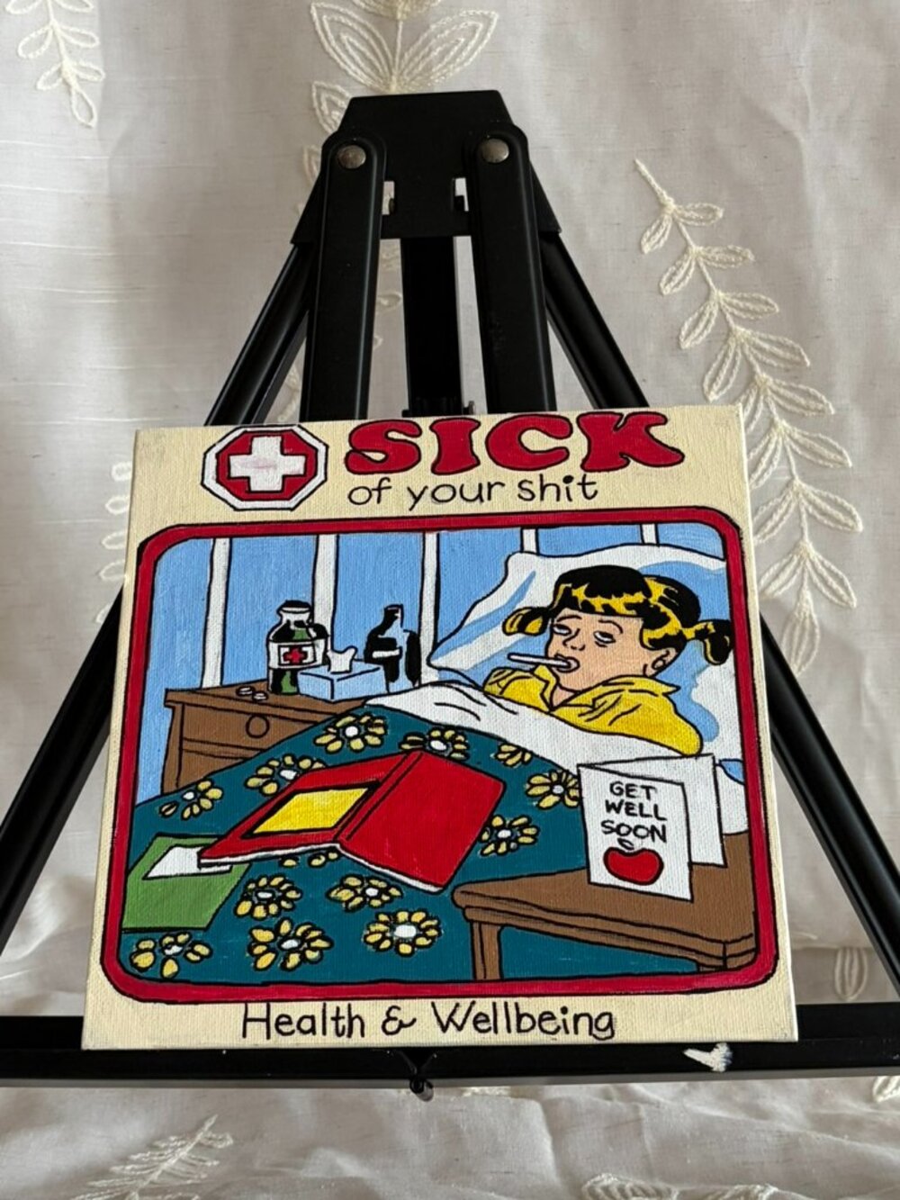 Hand Painted Sick of Your Shit Retro Health Canvas 8x8